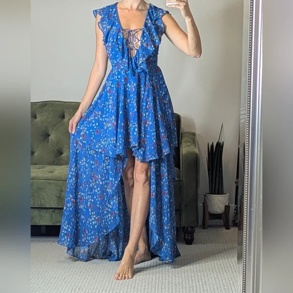 Lulu's Floral Ruffle Hi-Lo Dress Size XS Blue Vacation - Picture 3 of 13